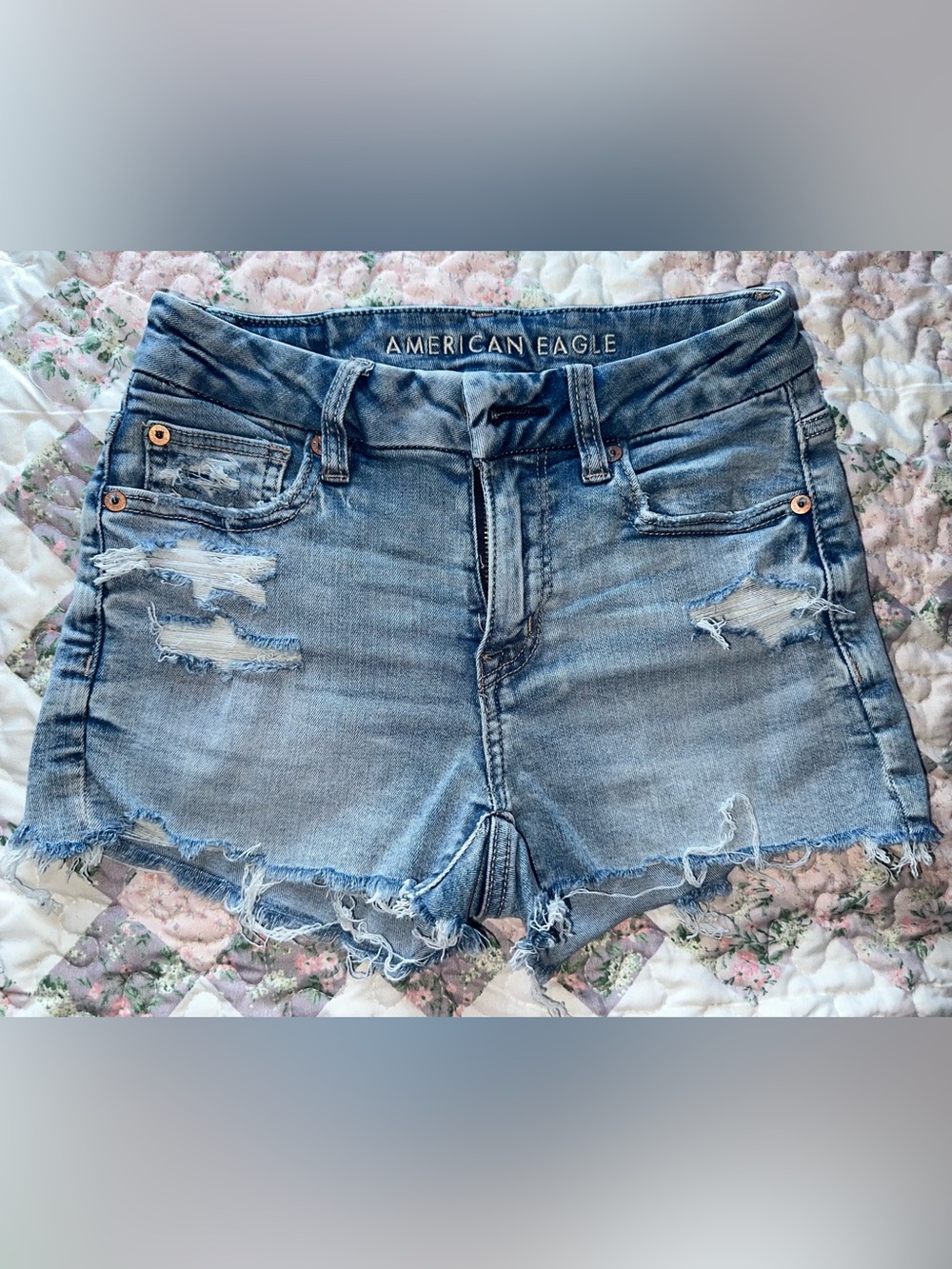 American Eagle Curvy High Rise Shortie Distressed Cut Off Denim Jean Shorts